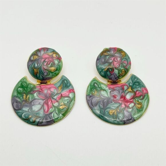 Vintage Green & Pink Swirl Enamel Doorknocker Pierced Dangle Earrings 1980s - Picture 7 of 11